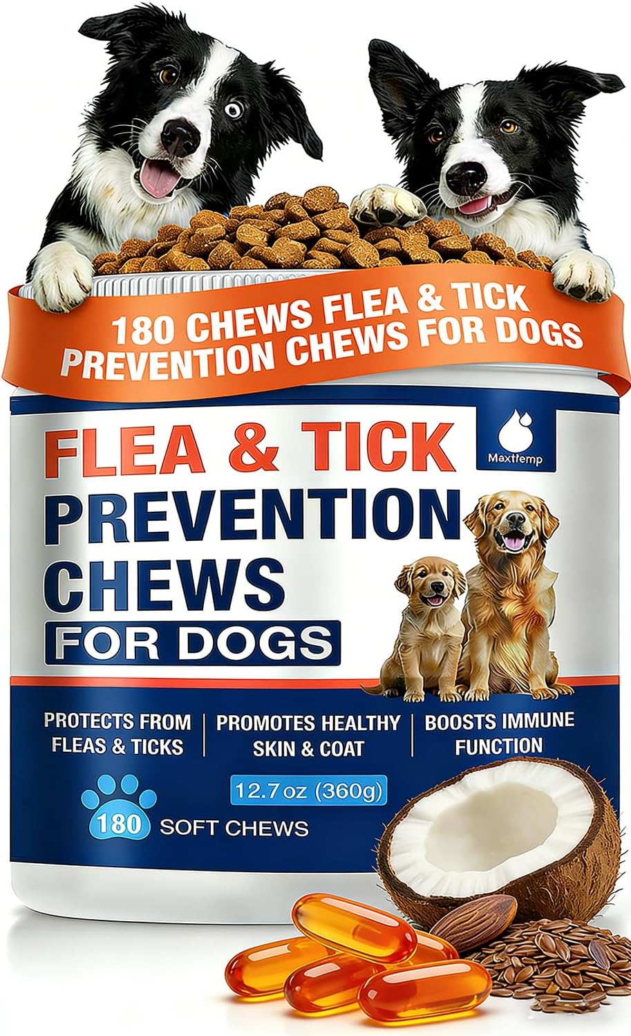 180 Cts, Flea and Tick Prevention for Dogs Chewables, Oral Flea Pills for Dogs Puppy, Natural Dog Flea and Tick Treatment, Skin & Coat Support Supplement, Soft Chews