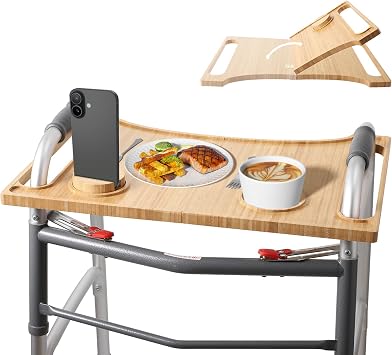 Walker Tray with Phone Holder & Cup Holder - Adjustable Multipurpose Bamboo Tray Table for Eating, Reading, Crafts | Universal Attachment for Folding Walkers, Laptop Stand, Medical Accessories