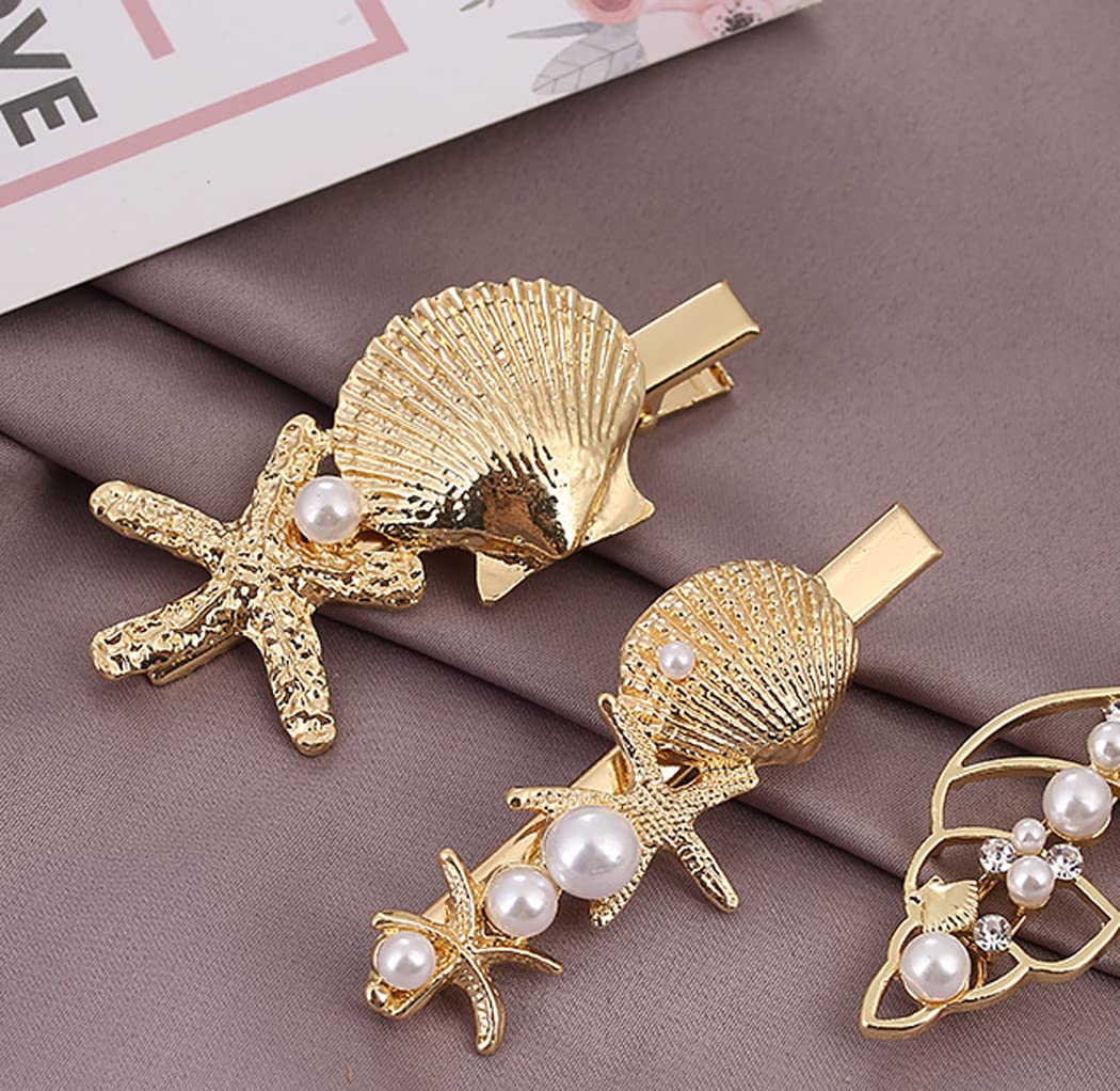 Gold Starfish & Shell Hair Clip Set 5 Pack Gold Seashell Hair Clip Set Metal Conch Starfish  main image 4