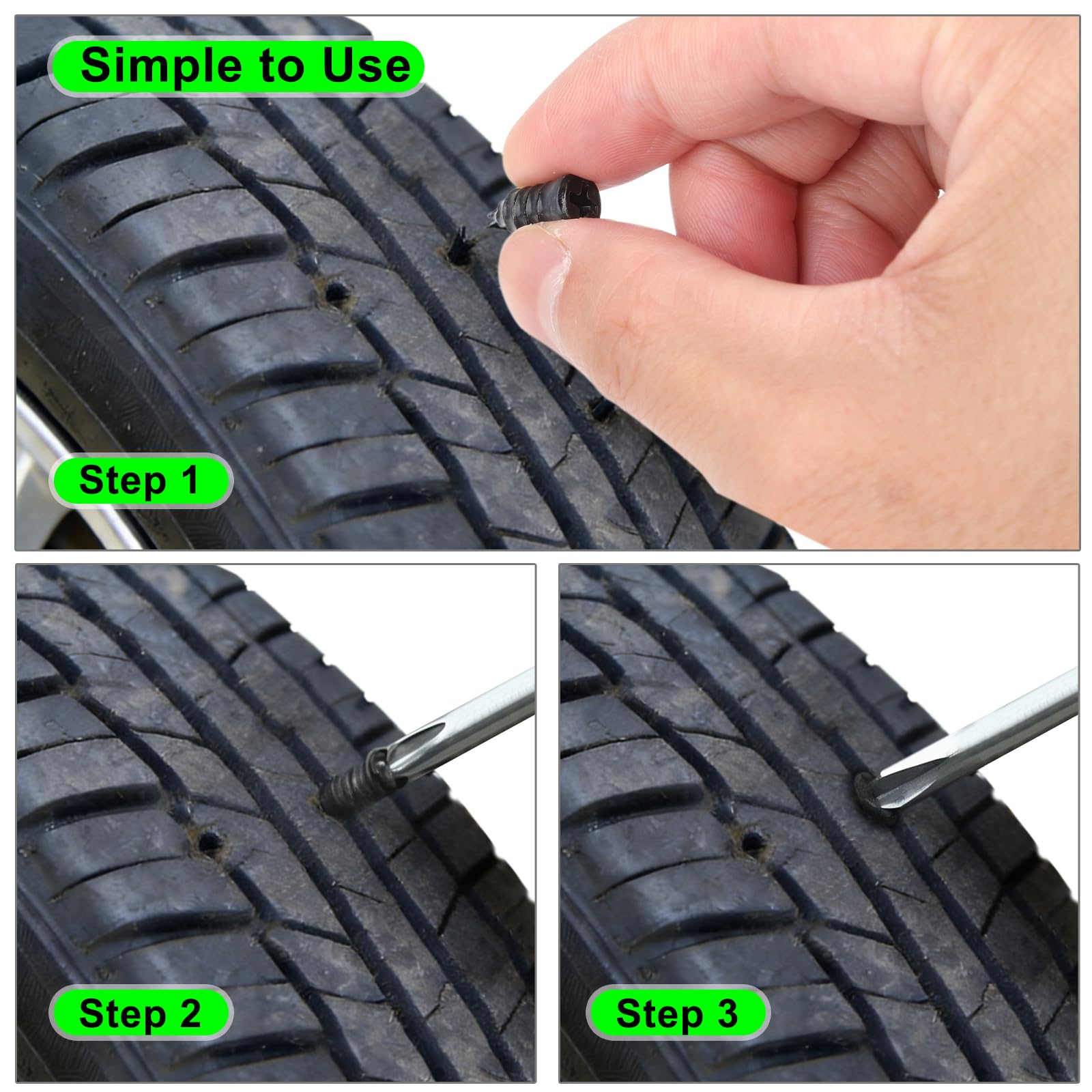 Kit de reparación de neumáticos para coche, 100 unidades, en 2 tamaños (35 + 35 L) con destornillador, sin cámara para coche, moto, SUV, camión, caravana, kit de emergencia contra pinchazos - 5