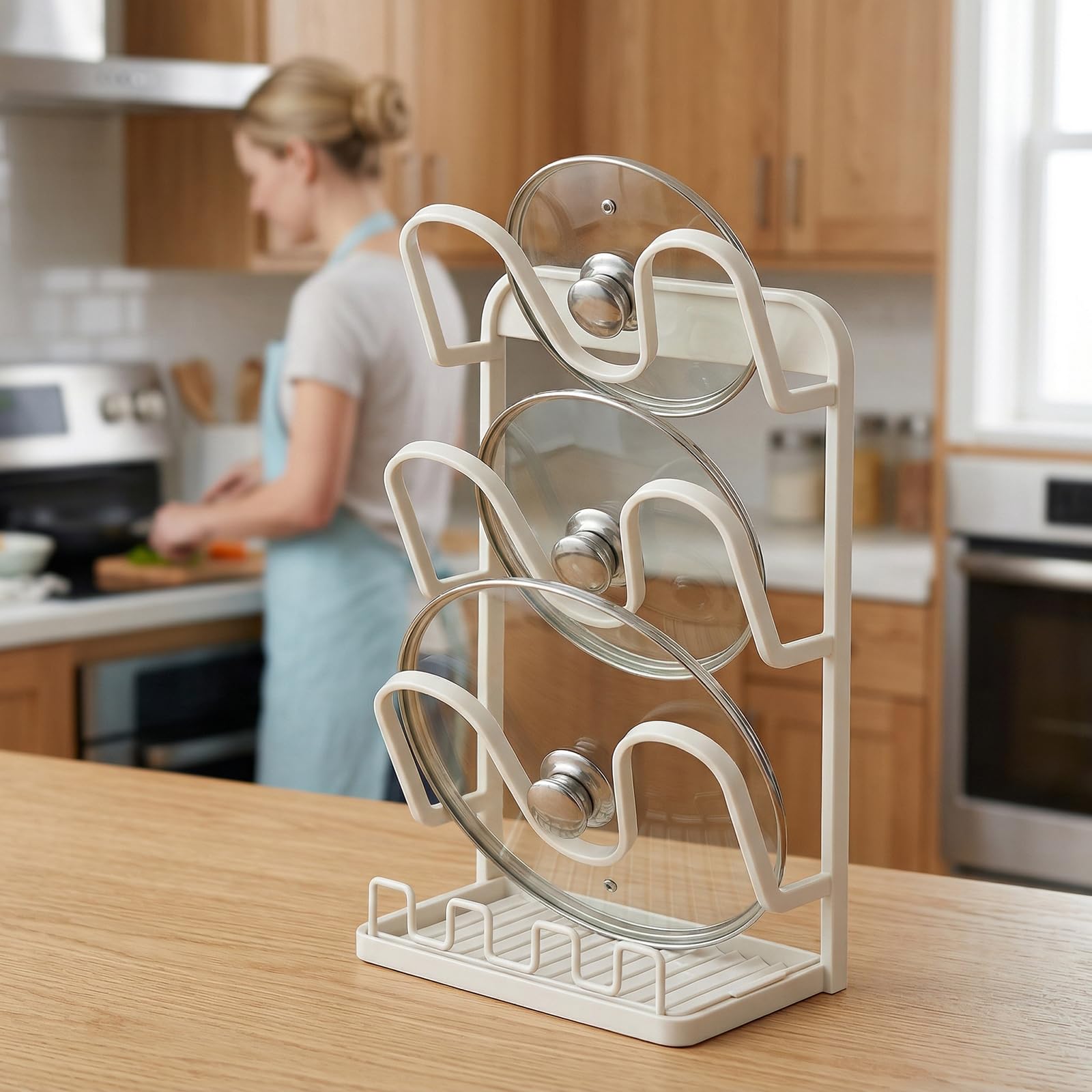 Countertop Pot Lid Organizer with Drip Tray and Spoon Rest