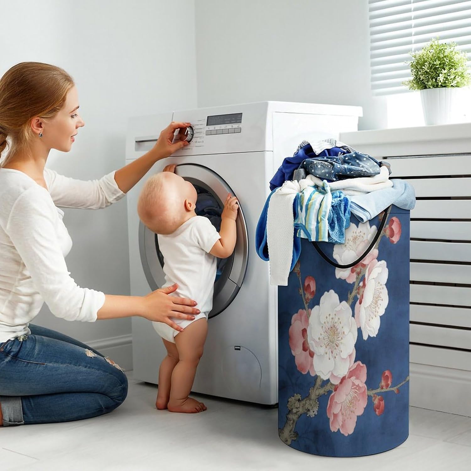 Clear Blue Spring Breeze Laundry Hamper 86L Waterproof Collapsible Clothes Basket with Double Handles Freestanding Foldable Laundry Basket Large Clothes Hamper for Bathroom