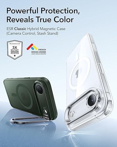 Vista 595 de ESR - Funda para iPhone 15 compatible con MagSafe, funda protectora de grado militar con soporte integrado, cubierta trasera resistente a