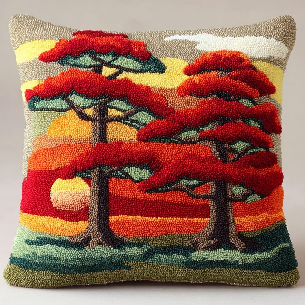 WallustrioaW Latch Hook Cushion Kits for Adults BeginnersSunset Pine Tree Landscape