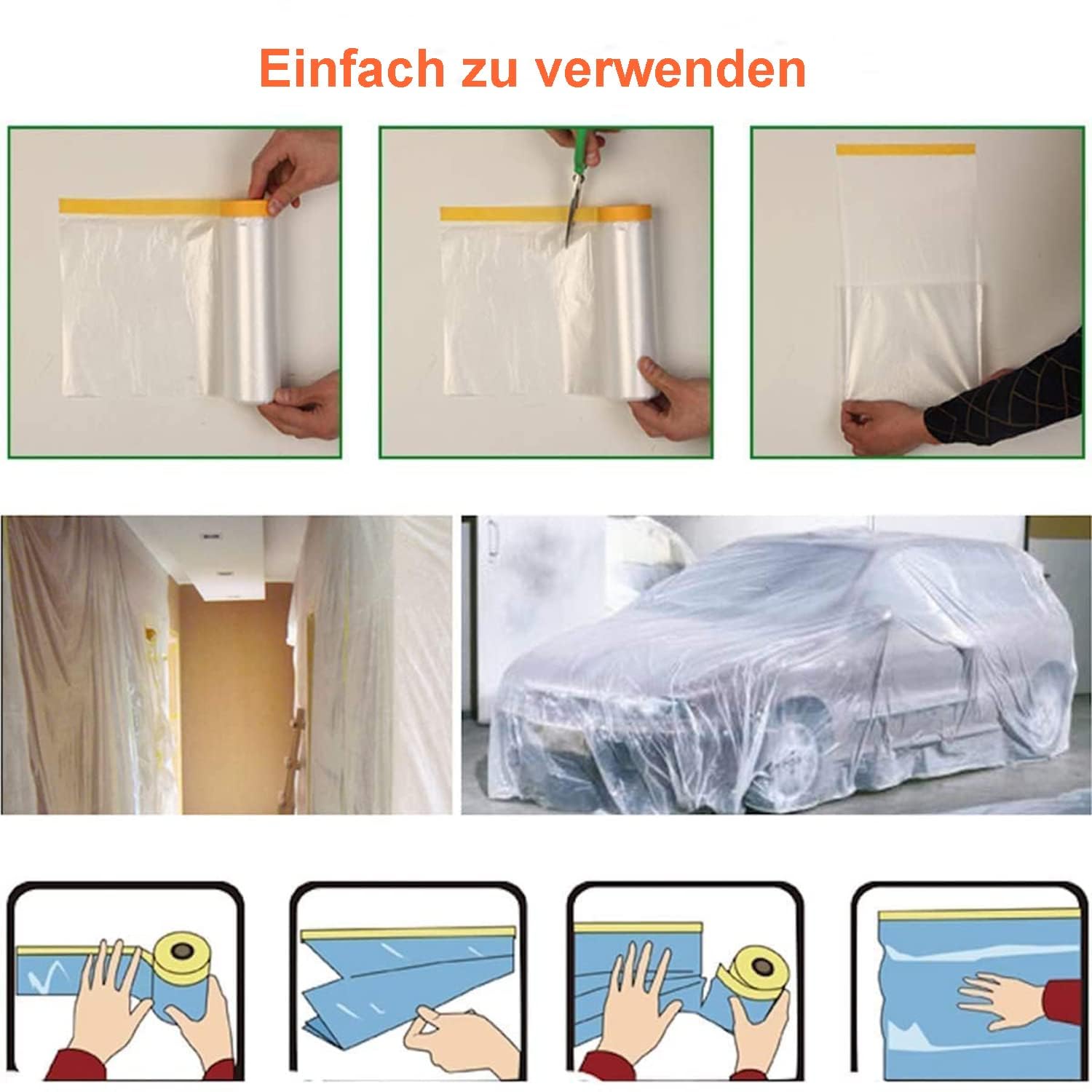 Nisorpa 6 Rollen abdeckfolie mit klebeband 270cm x 20m malerfolie für Putz- und Malerarbeiten,120m malerkrepp,324㎡,UV-Schutz