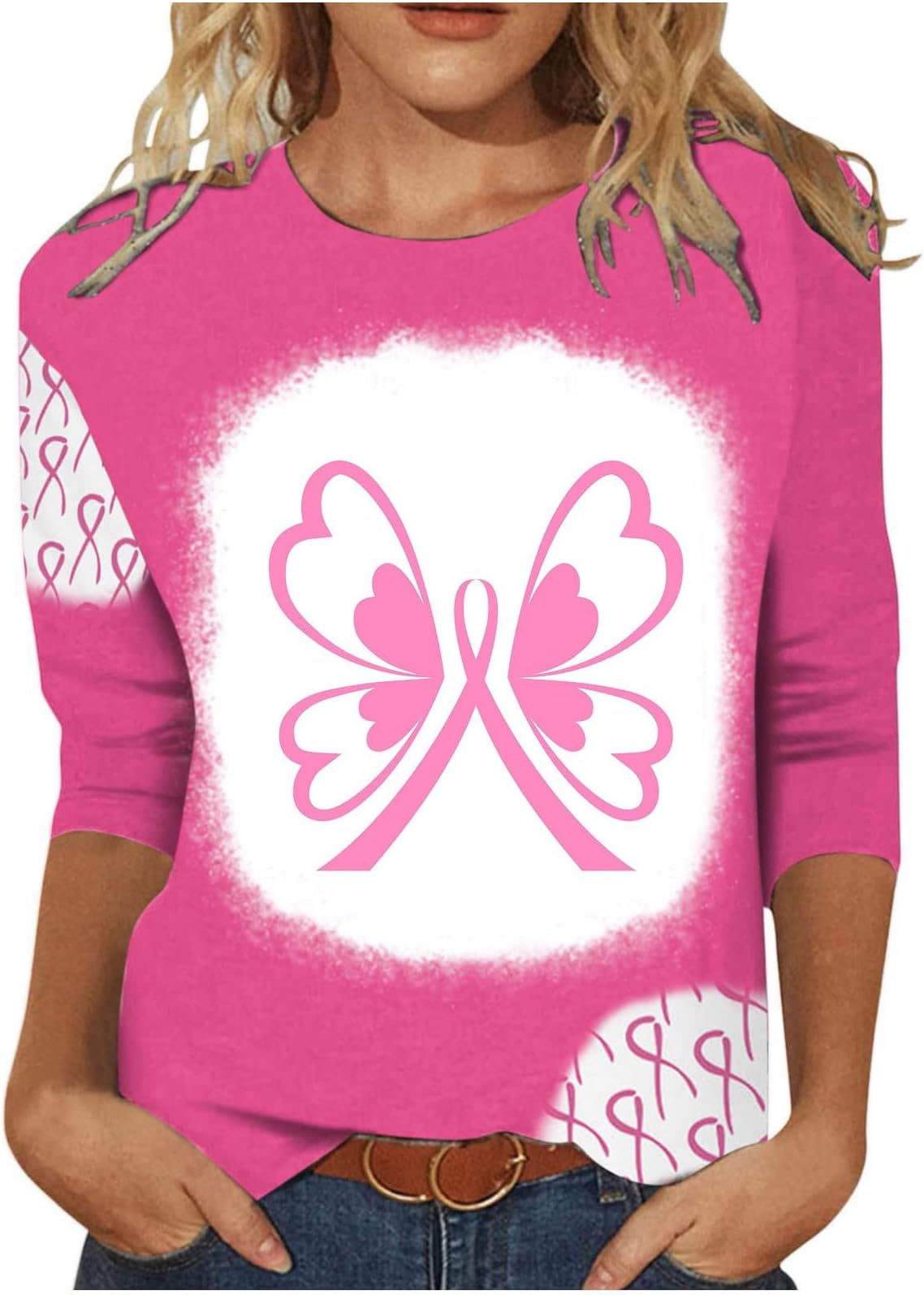 Women Pink Breast Cancer Shirts Fall Long Sleeve Blouses Ribbon Butterflies Graphic Tee Shirt Cancer Fight Tops