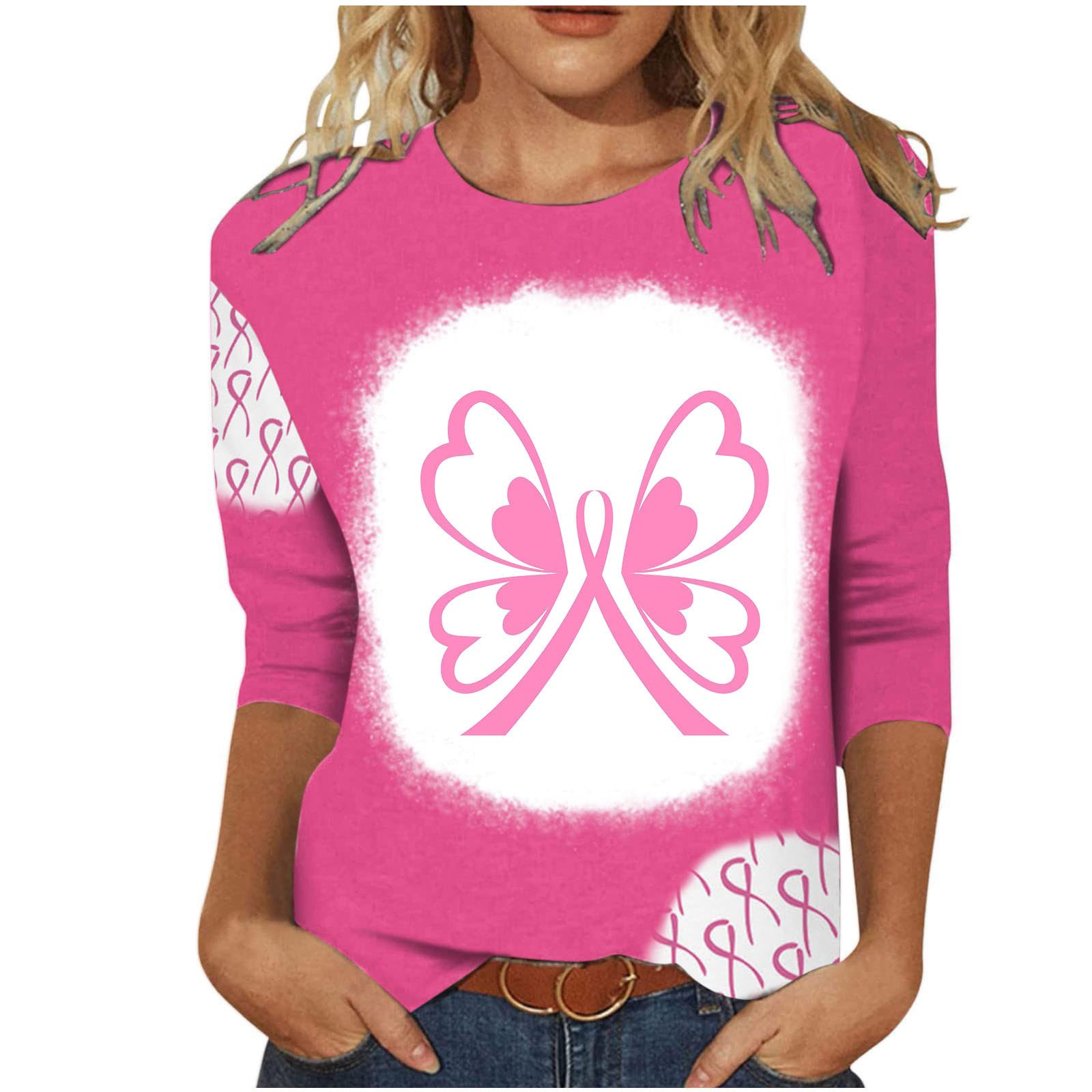 Women Pink Breast Cancer Shirts Fall Long Sleeve Blouses Ribbon Butterflies Graphic Tee Shirt Cancer Fight Tops