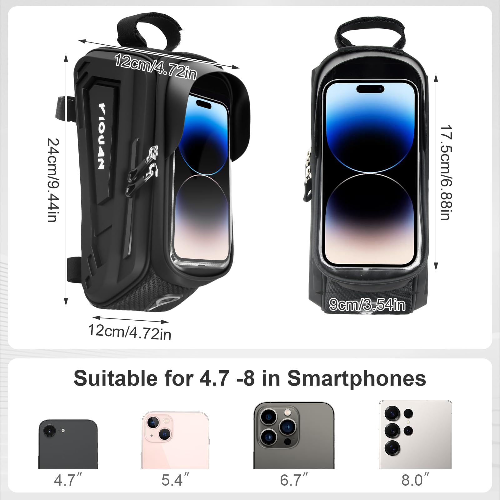 Borsa per bicicletta impermeabile, borsa per telaio in con touch screen in TPU, borsa manubrio MTB, supporto per telefono per bicicletta fino a 8" (24×12×12cm)