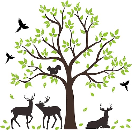 Miniatura 7 de RW-4982 Calcomanías de pared de árbol verde grande gigante de animales de la selva, calcomanías de pared de árbol DIY removibles 3D de ciervos