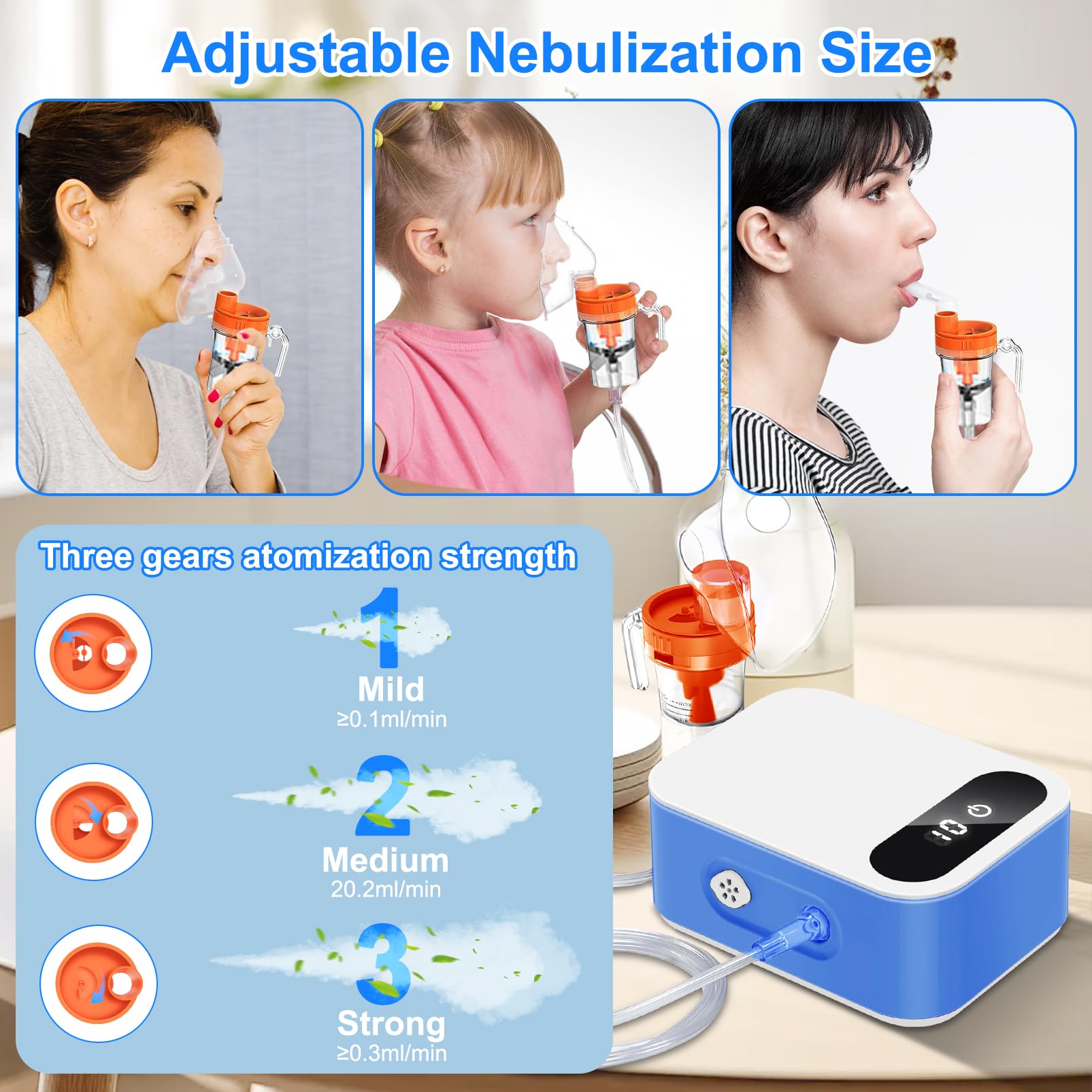 Aerosol Portatile Silenzioso Bambini e Adulti, MJKOPEE Macchina Aerosol Kit Con Display a LED E Tempo Di Lavoro Programmabile, Nebulizzatore Aerosol per Raffreddori O Asma (Grigio)
