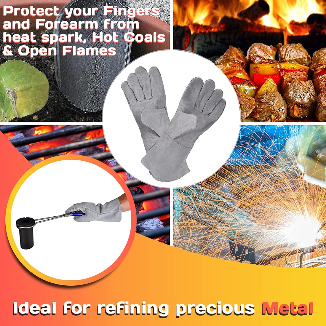MegaCast Heat Resistant Safety Protective Gloves for Melting Furnace Refining Casting Gold Silver Copper Aluminum Jewelry 13 inch. ideal for grilling charcoal - Image 4