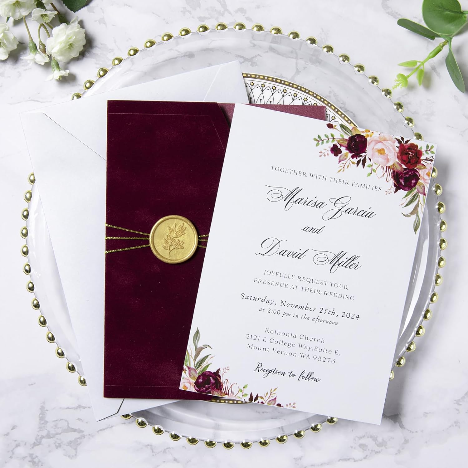 PONATIA 20PCS Wedding Invitation Cards Kits - 5x7 Wrap Pocket Invitation Cards with Envelopes, Gold Wax Seals, Ribbons For Weddings, Baby Shower, Birthday, XV Anos, Quinceanera Invitation (Velvet Burgundy)