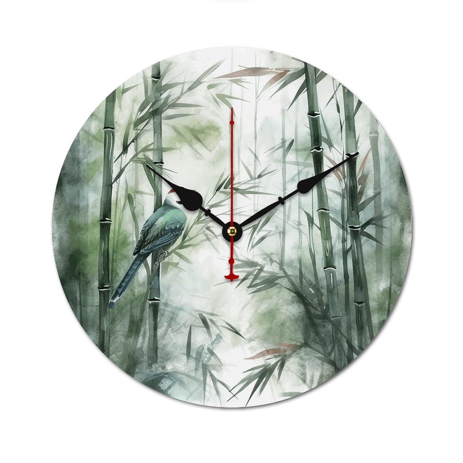 Horloge murale ronde en bois moderne 60cm sans tic-tac peinture oiseau