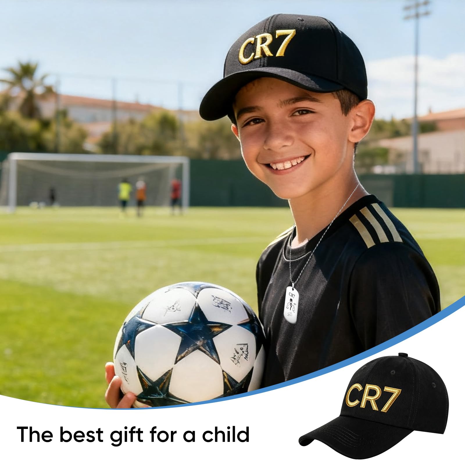 CR 7 Cappellino Bambino Uomo Nero con Emblema 3D Oro Regolabile + Bracciale C R 7 + Collana C R 7 - Set di fan di calcio per ragazzi, fan di Cristiano Ronaldoo