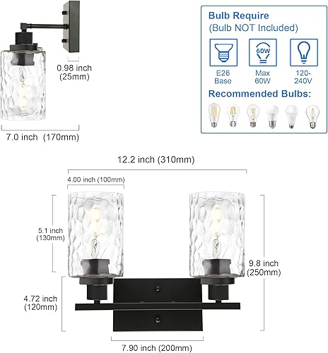 Miniatura 5 de MELUCEE Lámparas de baño de 3 luces sobre espejo con pantalla de vidrio martillado, lámpara de tocador de latón cepillado, luces de pared