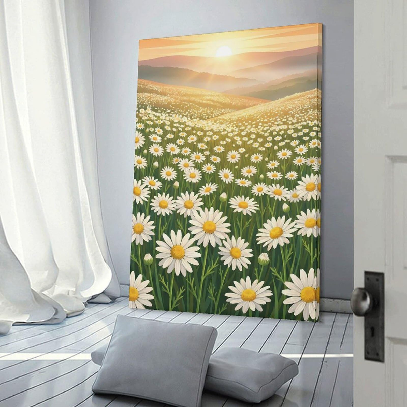 Junmoney Canvas Art Print Daisy Field at Sunrise, 24x36inch(60x90cm), for Living Room, Bedroom Or Home Office, A Wall Art Gift for Fresh Interiors