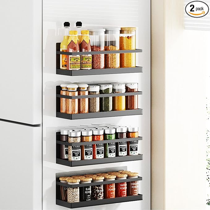 Magnetic Spice Rack For Refrigerator Magnetic Shelf For Kitchen Organization And Storage Durable Fridge Spice Rack Organizer 4 Pack Black