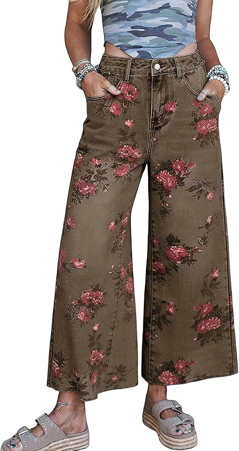 ebossy Women's Floral Pattern Barrel Jeans Wide Leg Mid Rise Cropped Denim Pants Boyfriend Y2k Stretchy Jeans