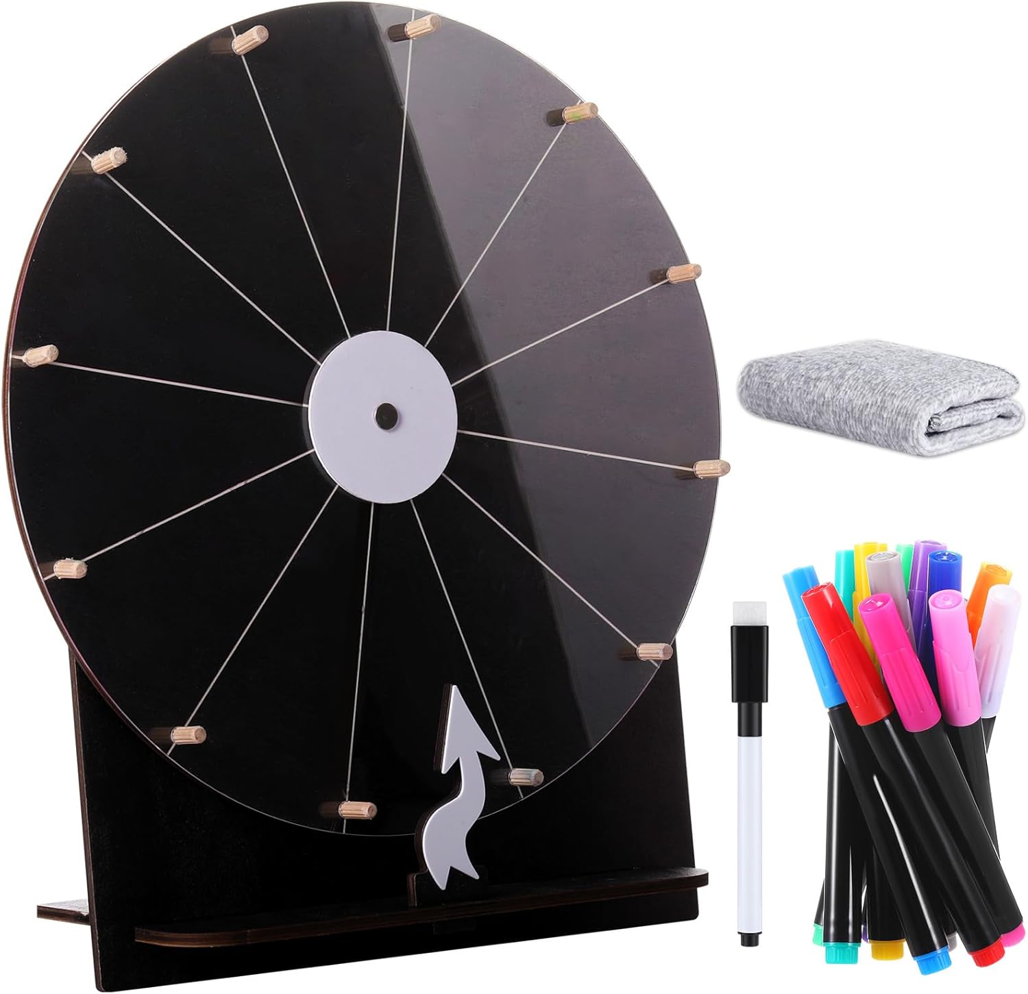 11.4 Inch Spinning Wheel Erasable Raffle Spin The Wheel Game with Stand and Arrow Wooden Prize Tabletop Spinner Raffle Roulette for Wedding Family Bridal Party Baby Shower Games(Black)