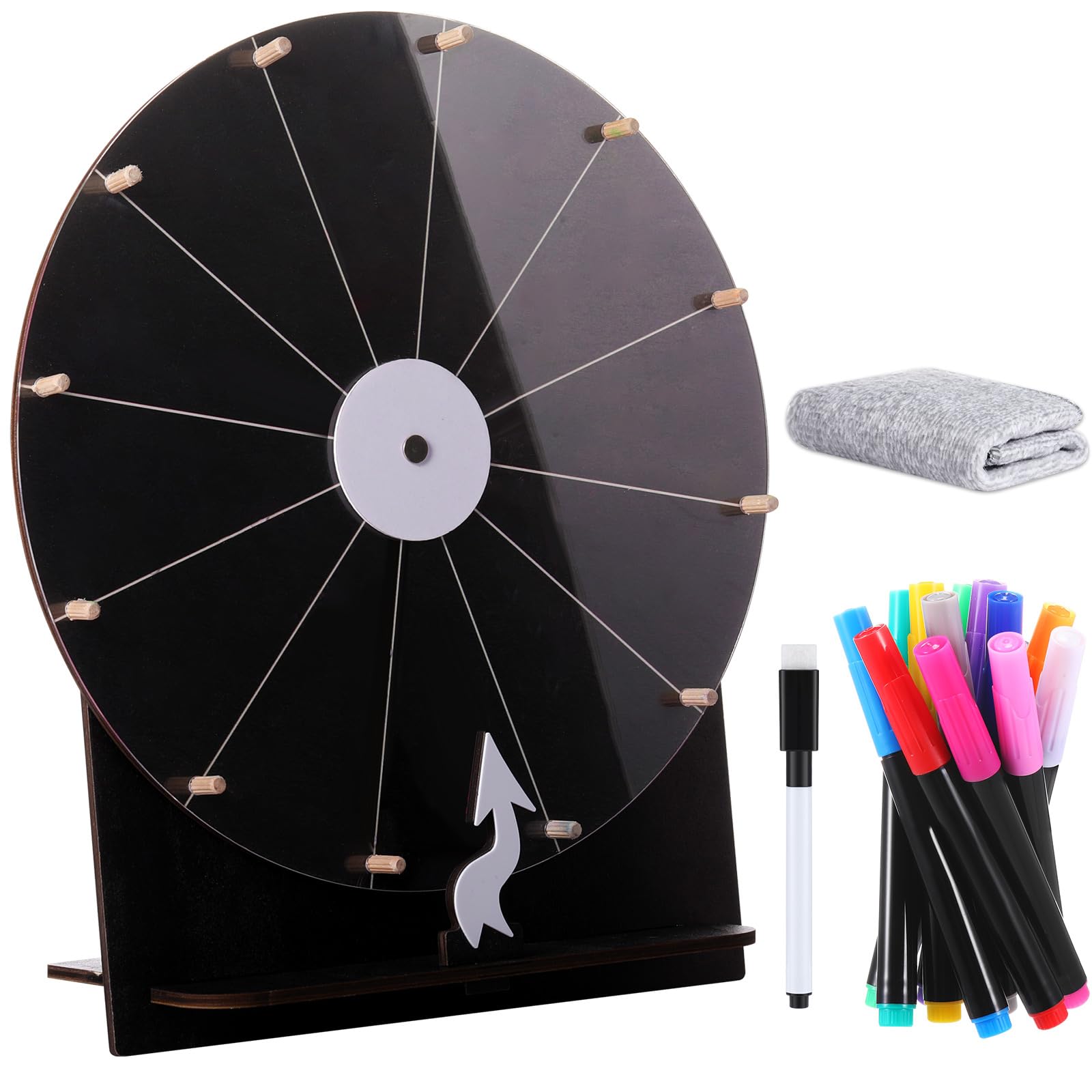 Photo 1 of Memorywuu 11.4 Inch Spinning Wheel Erasable Raffle Spin the Wheel Game with Stand and Arrow Wooden Prize Tabletop Spinner Raffle Roulette for Wedding Family Bridal Party Baby Shower Games(Black)