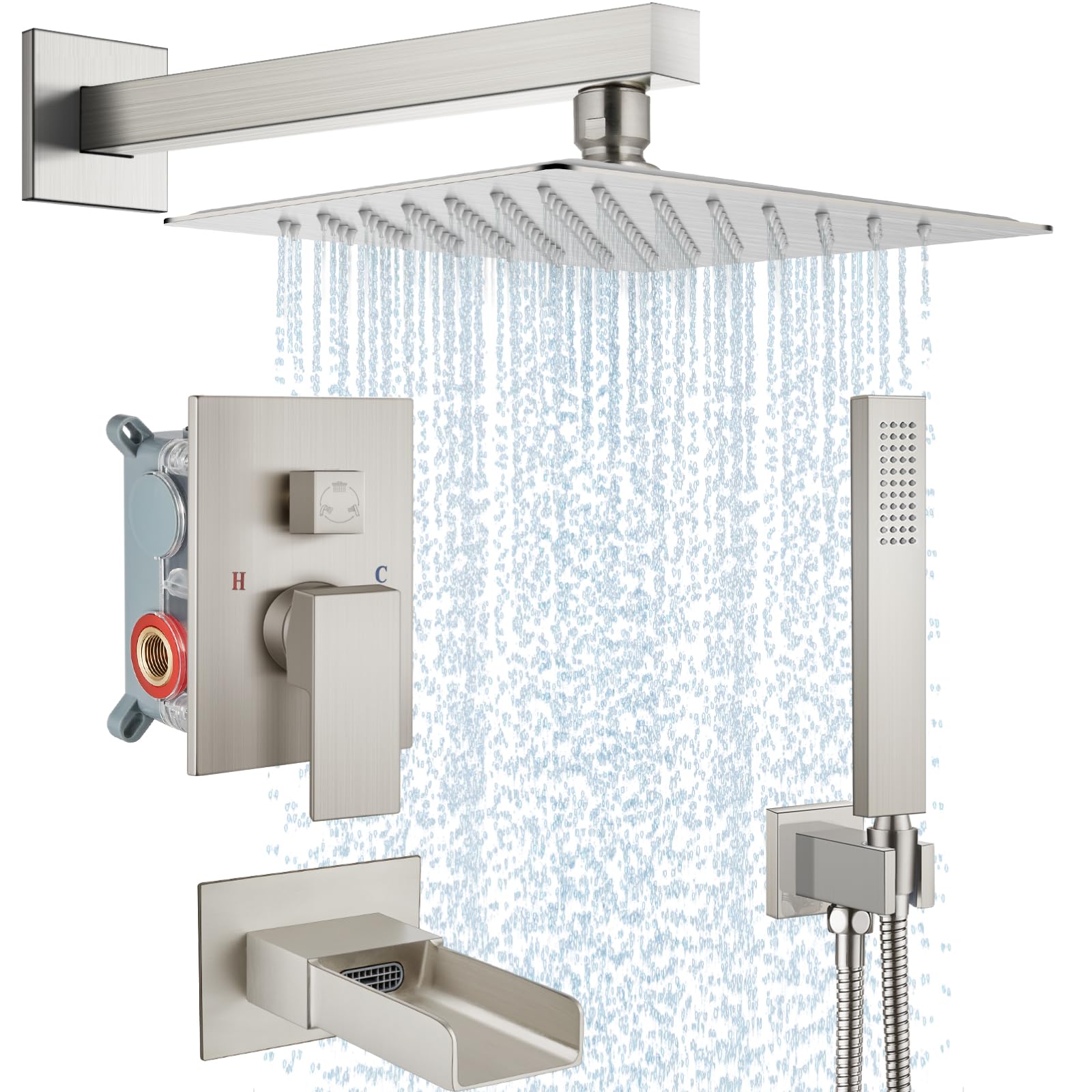 Hcfyauis Brushed Nickel Rain Shower System Tub Shower Faucet Set Square Rainfall Waterfall Shower Head With Handheld Sprayer Tub Spout Combo Wall Mounted Bathtub Faucet Set Rough-In Valve, 10 Inch
