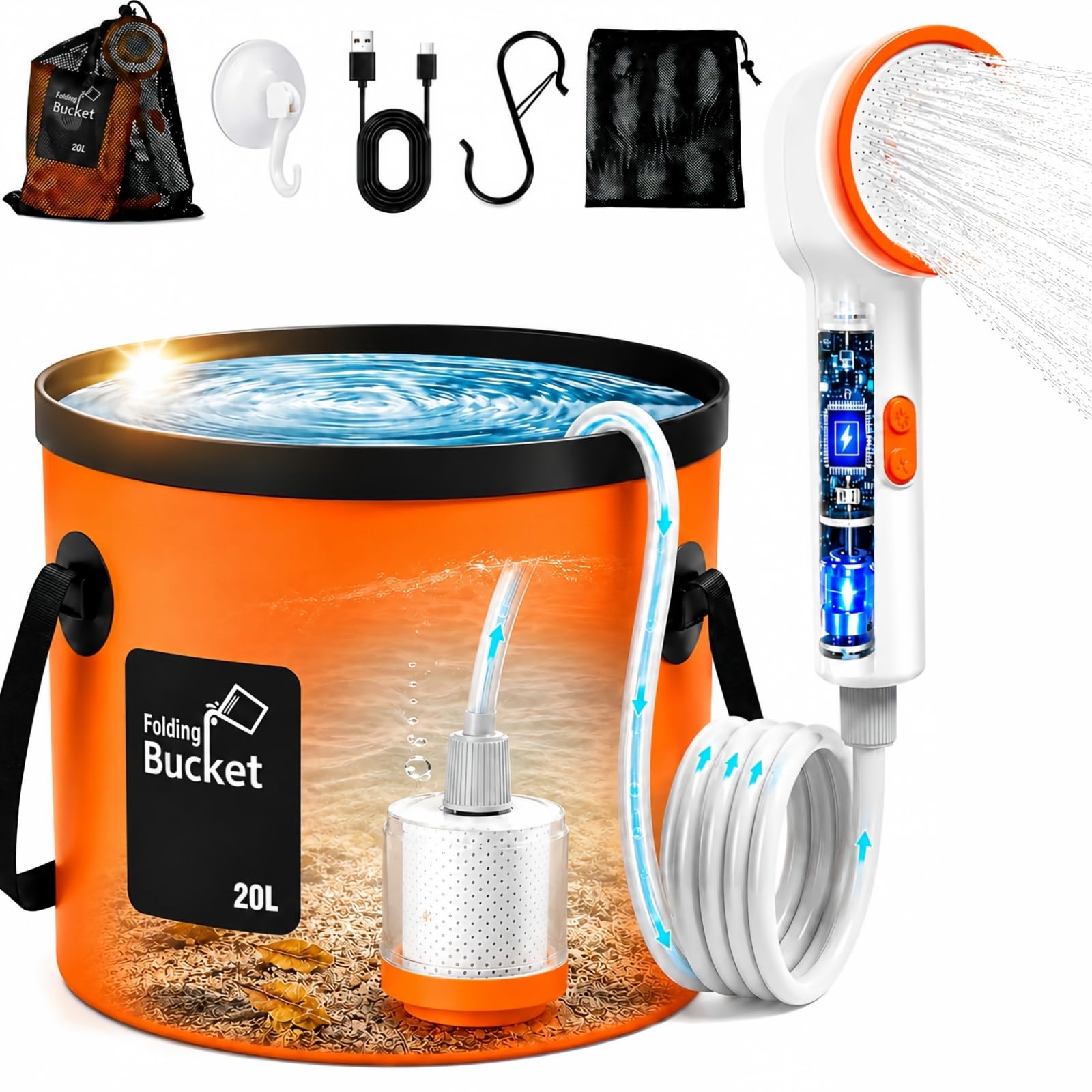 Goody King Campingdusche mit Pumpe & Akku 6000mAh – Tragbare Camping Dusche ohne Strom, 20L Faltbarer Eimer, LED-Anzeige, 3 Strahlmodi, 2m Schlauch, IPX7 – Mobile Dusche für Garten, Wohnmobil, Hund