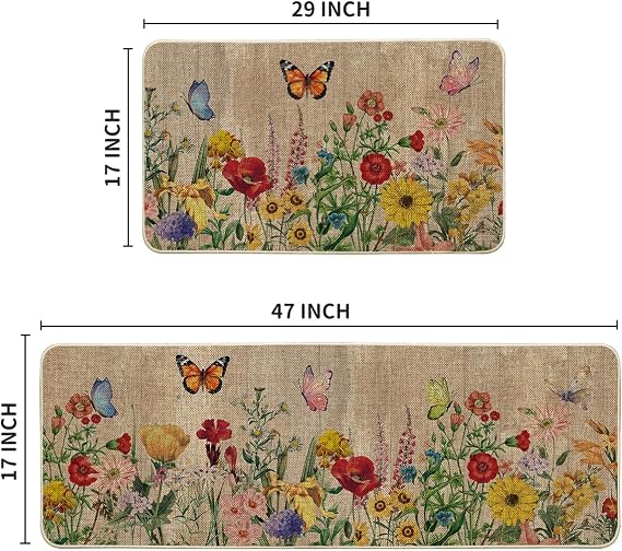 Artoid Mode Wood Flowers Butterfly Spring Kitchen Mats Set of 2, Seasonal Home Decor Leaves Low-Profile Kitchen Rugs for Floor - 17x29 and 17x47 Inch