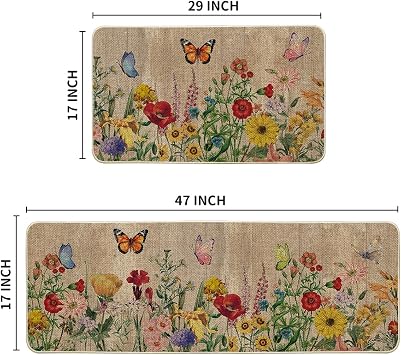 Artoid Mode Wood Flowers Butterfly Spring Kitchen Mats Set of 2, Seasonal Home Decor Leaves Low-Profile Kitchen Rugs for Floor - 17x29 and 17x47 Inch