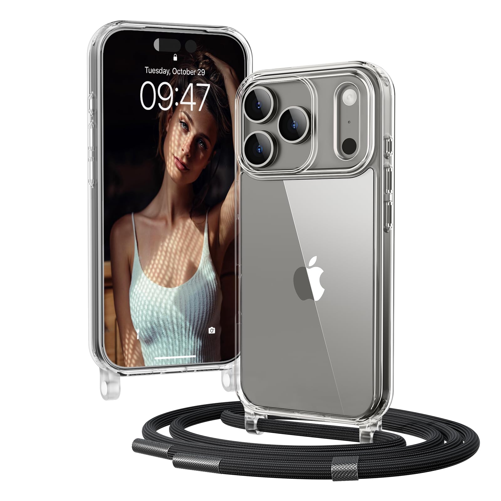OLEPHY Handykette für iPhone 17 Pro Hülle mit Band, Necklace Handyhülle, Transparente Schutzhülle zum Umhängen [Verstellbarem und Demontage Umhängeband], Schwarz