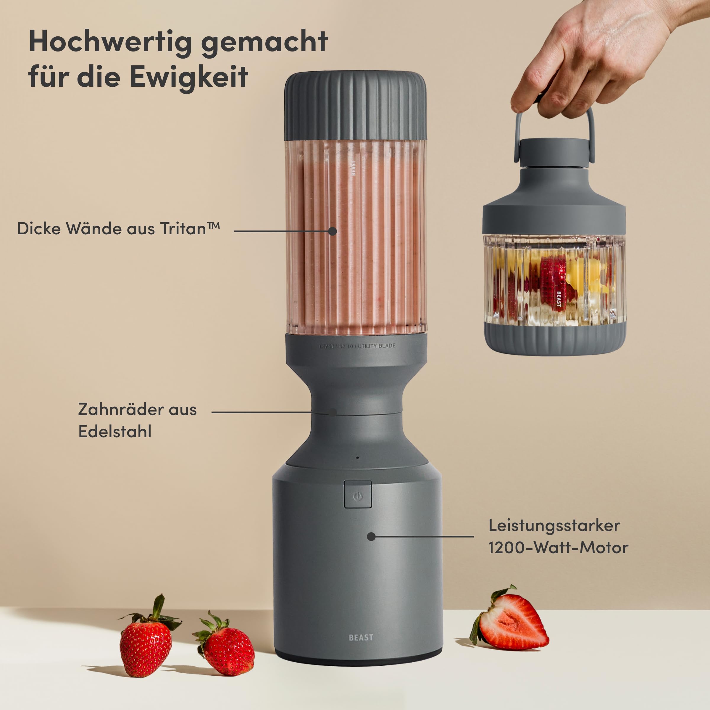 BEAST Standmixer 1200W - Smoothie Maker Hochleistungsmixer mit 3 Tritan Mixbechers -1200 ml - To-go Trink - und Aufbewahrungsdeckel - Mixer für Smoothies, Eis und Shakes