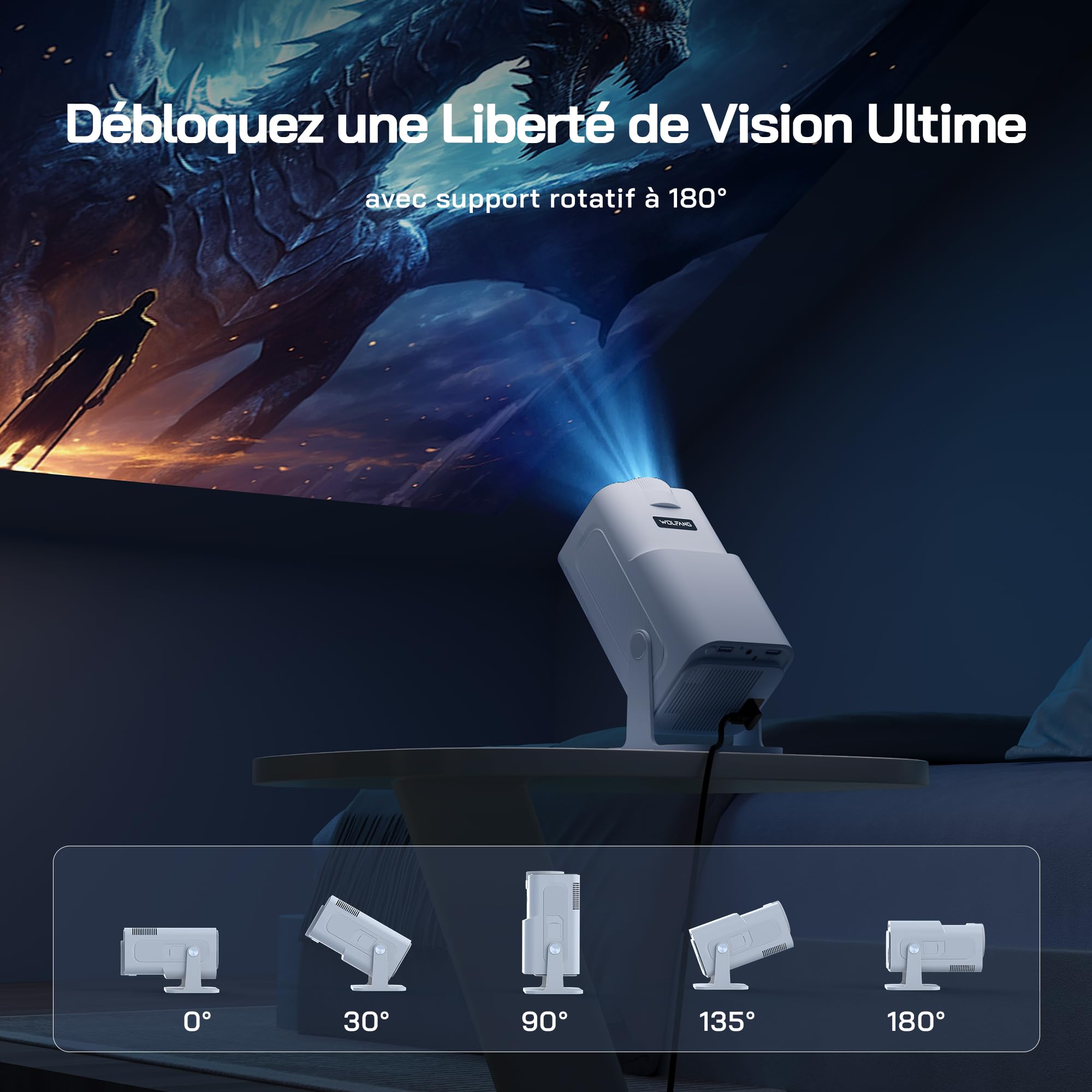 WOLFANG 4K Videoprojecteur【Application Intégrée/Netflix Officiel】, 26000 Lumen Retroprojecteur avec WiFi 6, Zoom 50%, 180° Rotation Mini Projecteur pour Home Cinema/TV Stick/iOS/Android/PC/PS5/HDMI/AV