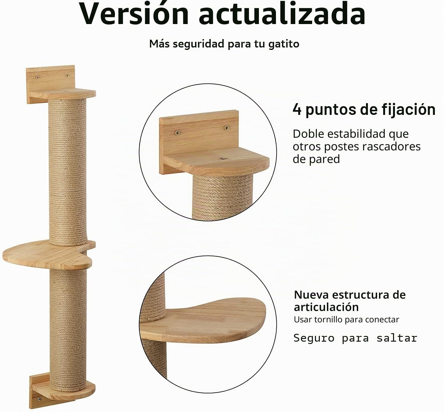 FUKUMARU Árbol para Gatos de 93 cm, Montado en la Pared, Poste Rascador y colchoneta de Yute, árbol Rascador para Gatos Hecho de Madera de Caucho sólida Natural