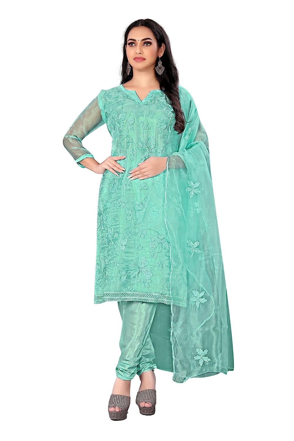 KF KRITVA FASHIONWomen's Organza Silk Sequence Work Unstitched Salwar Suit Dress Material With Border Work Dupatta Free Size, B Light Blue, unstitched