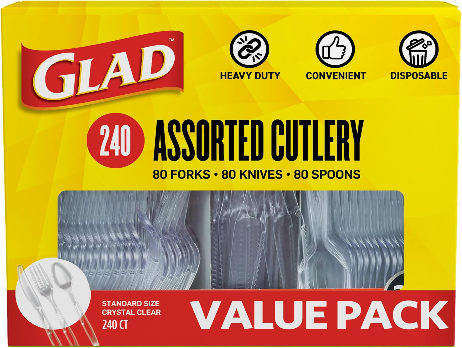 Glad Clear Disposable Cutlery Set with Heavy Duty Plastic Forks, Knives, and Spoons, Reusable Dishwasher Safe Plastic Utensils for Parties and Everyday Use, 240 Count