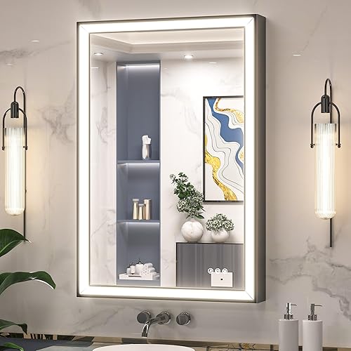 Keonjinn Espejo de baño LED negro de 24 x 36 pulgadas con parte delantera, 3 veces ultra brillo, espejo con marco negro claro en ángulo de 45,