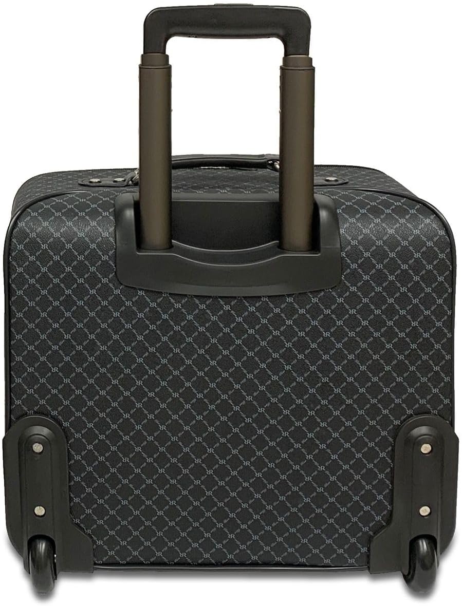 Rioni STB-20117 Signature RR Monogram Luxury Black Designer Canvas With Black Leather Trim Silver Tone Hardware Large Travel Laptop Briefcase Roller