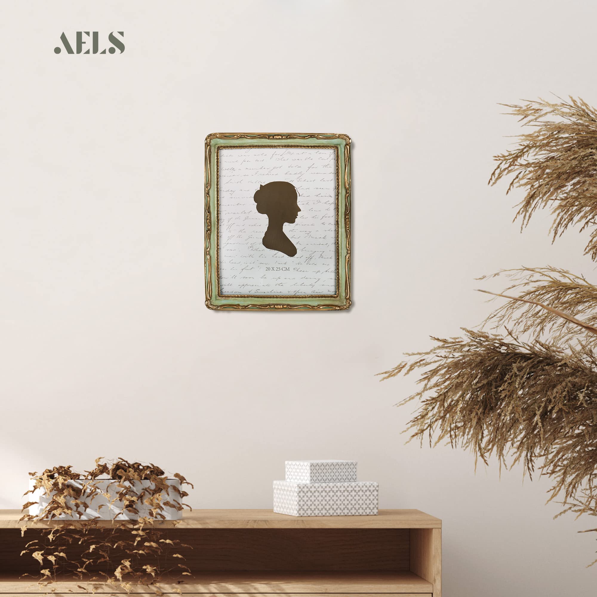 AELS Ramka na zdjęcia w stylu vintage, elegancka antyczna ramka na zdjęcia ze szklanym przodem, ekspozycja na zdjęcia, wisząca na ścianie, pomysły na prezent, złota i zielona