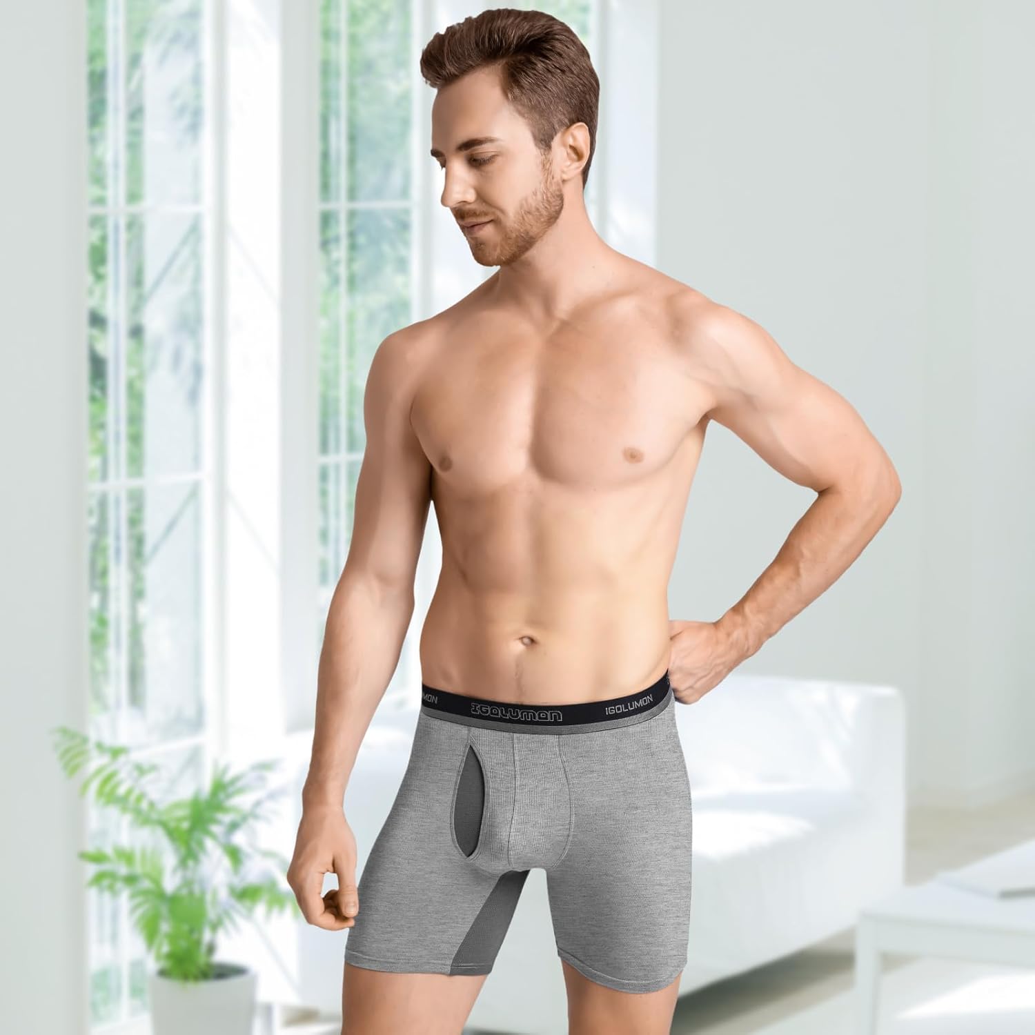 IGOLUMON Men's Underwear Bamboo Rayon Breathable Boxer Briefs with Fly Moisture-Wicking Lightweight Underwear, 6 pack - Image 2