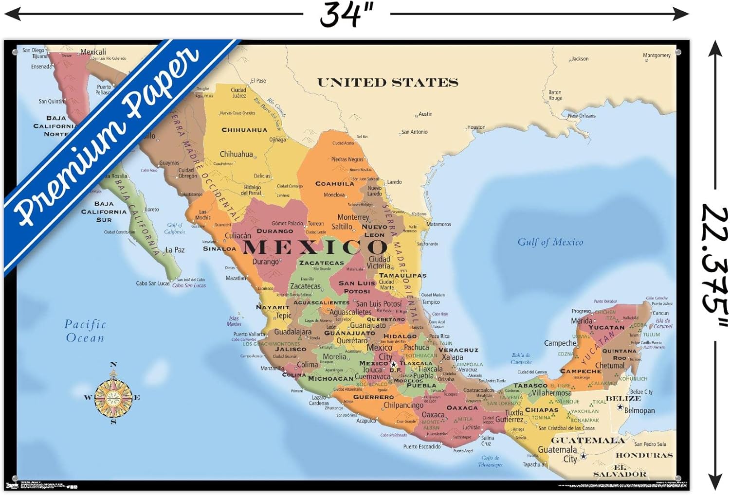 Trends International Map - Mexico Wall Poster, 22.37" x 34.00", Premium Poster & Push Pin Bundle