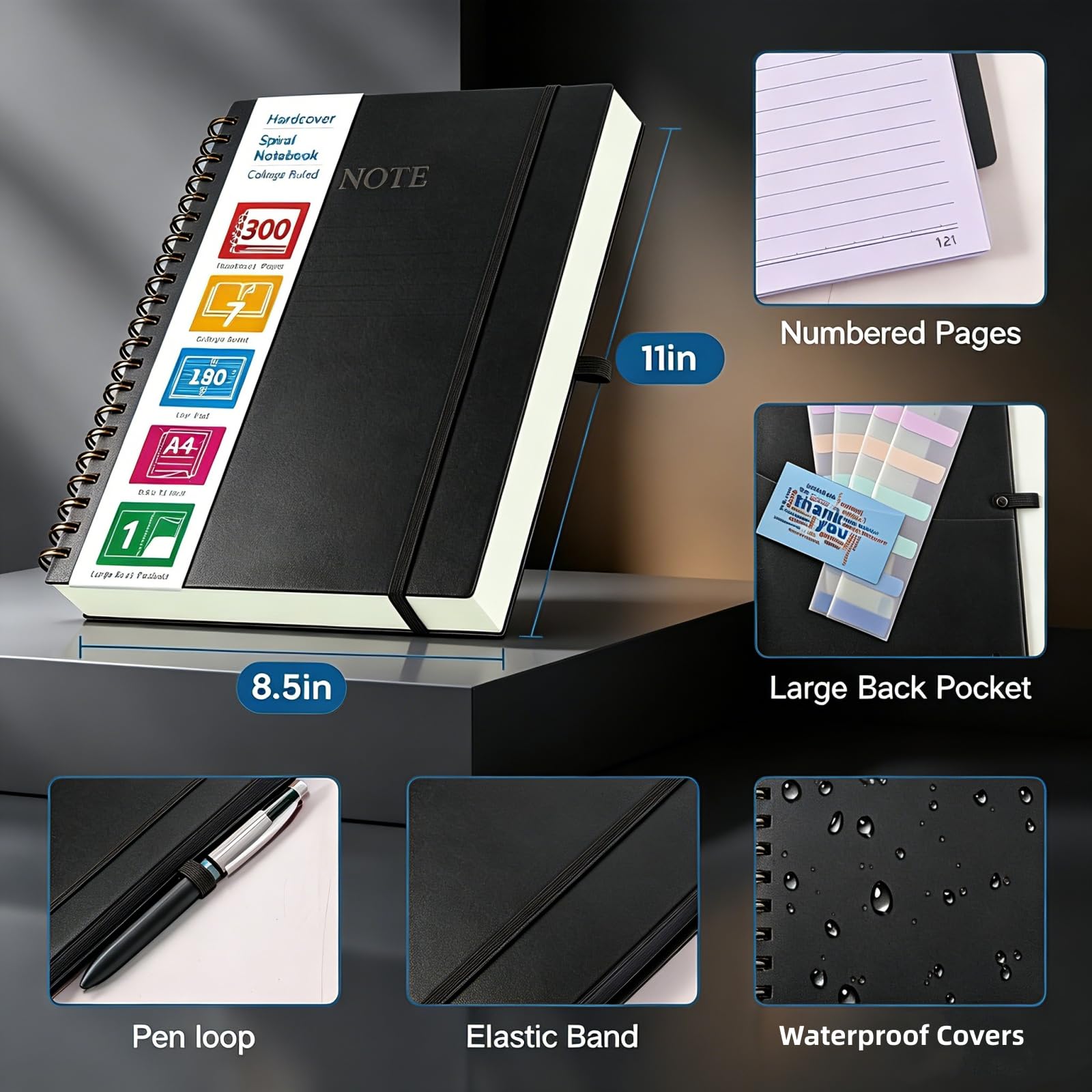 Cuaderno en espiral con rayas universitarias, paquete de 2 unidades de 300 páginas de 8.5 x 11 pulgadas, cuaderno de papel grueso sin sangrado, para tomar notas, número previo, TOC, bolsillos y