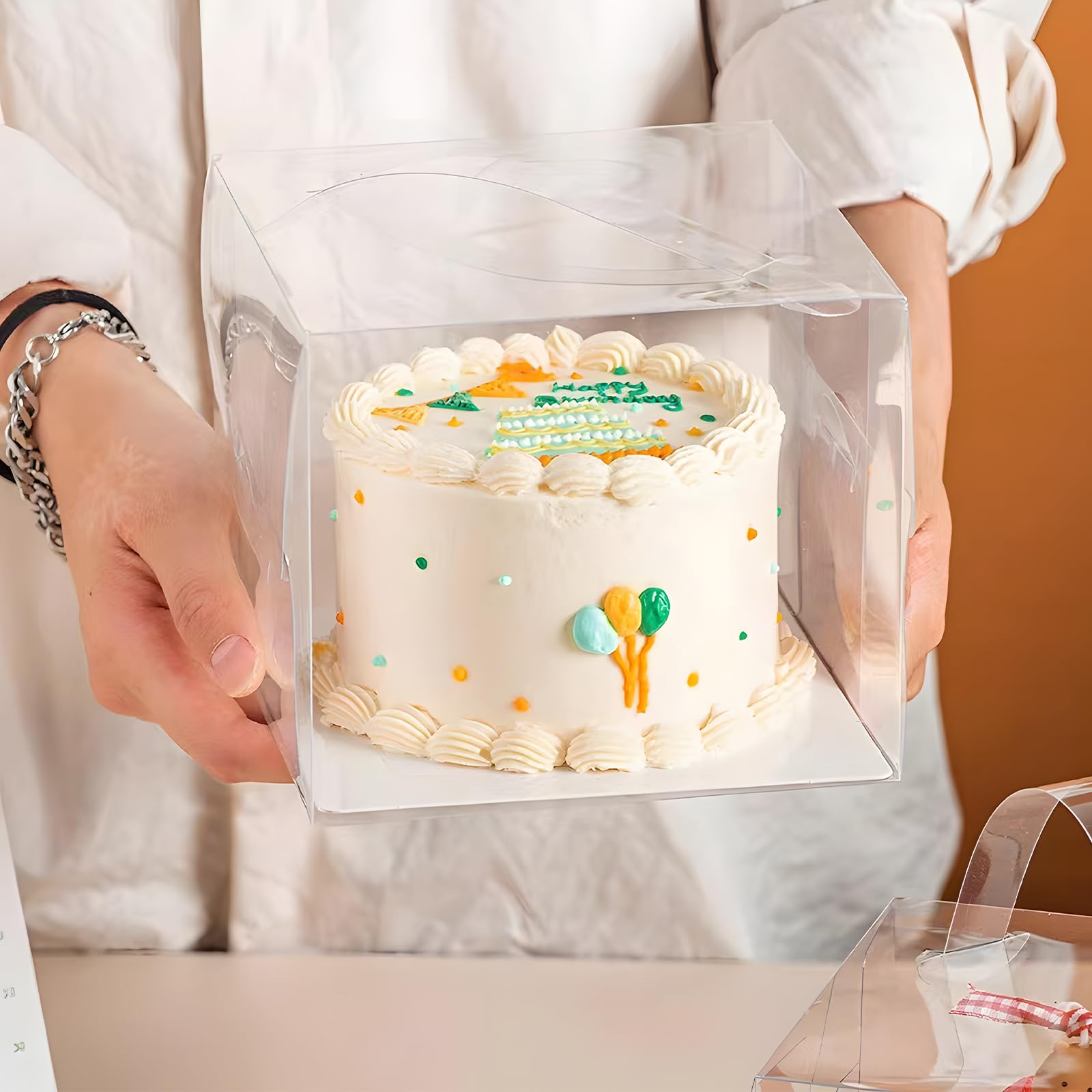 25 cajas transparentes para tartas, cajas de panadería de 5 x 5 x 4 pulgadas con asa y placa de soporte de papel, cajas de recuerdo de fiesta, dulces de galletas de pastel, cajas de pastelería