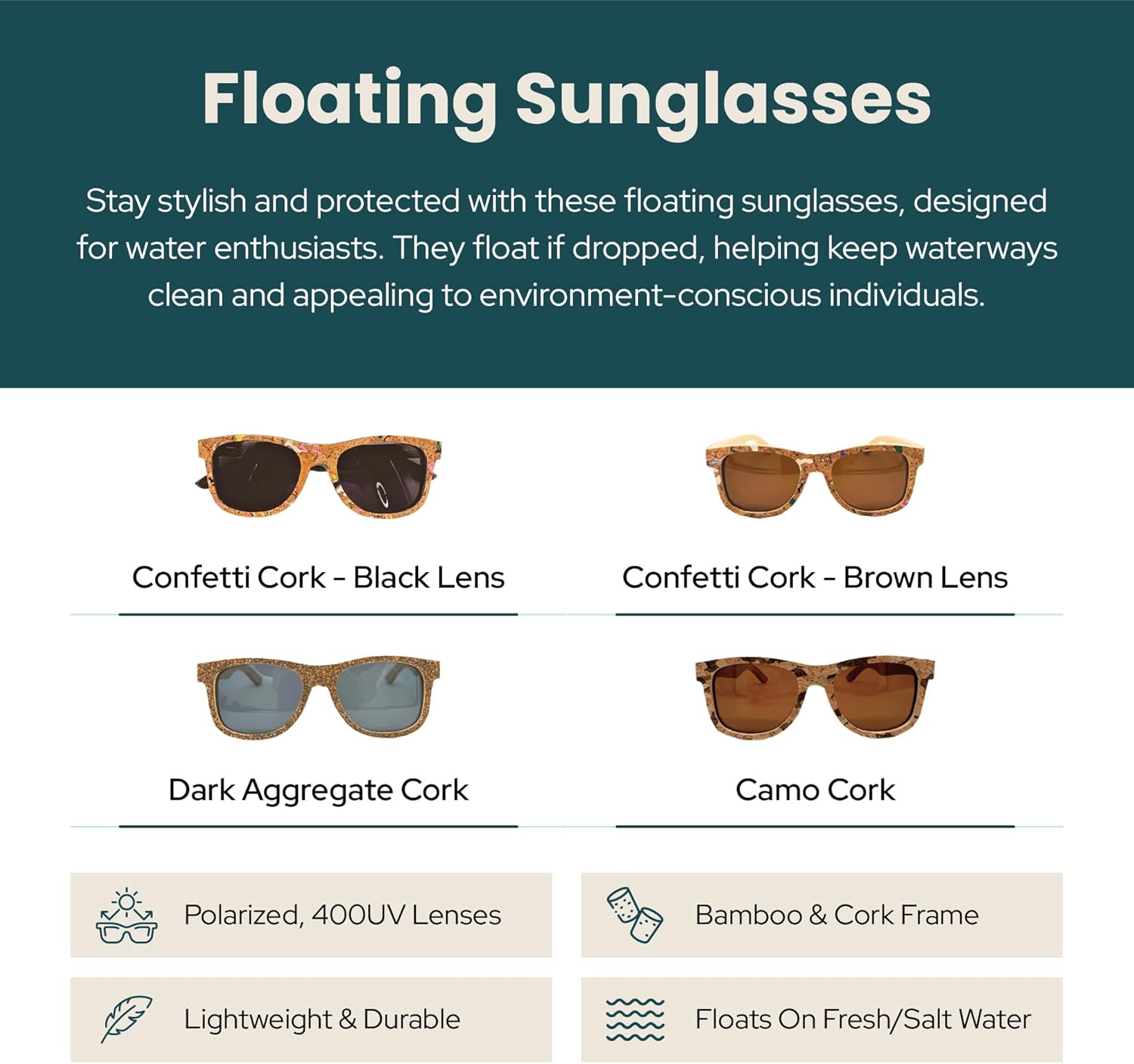 Texas Cork Company® | Floating Polarized Cork Sunglasses | Lightweight Bamboo | UV400 | Floating Shades for Men & Women - Image 2