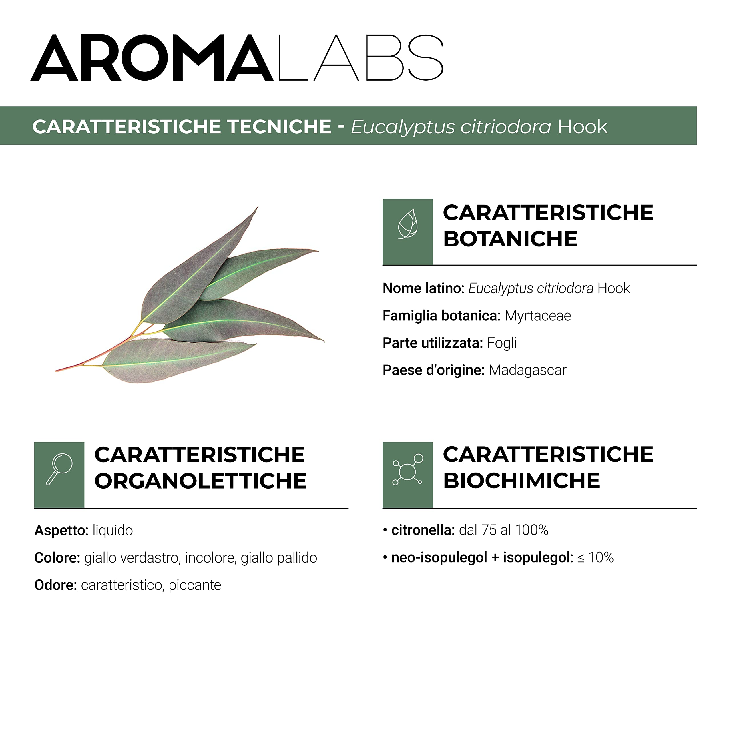 Eucalipto Citriodora BIO (Eucalyptus citriodora) - 30 mL - Olio Essenziale Chemiotipizzato e Certificato AB - Aroma Labs - Made in France