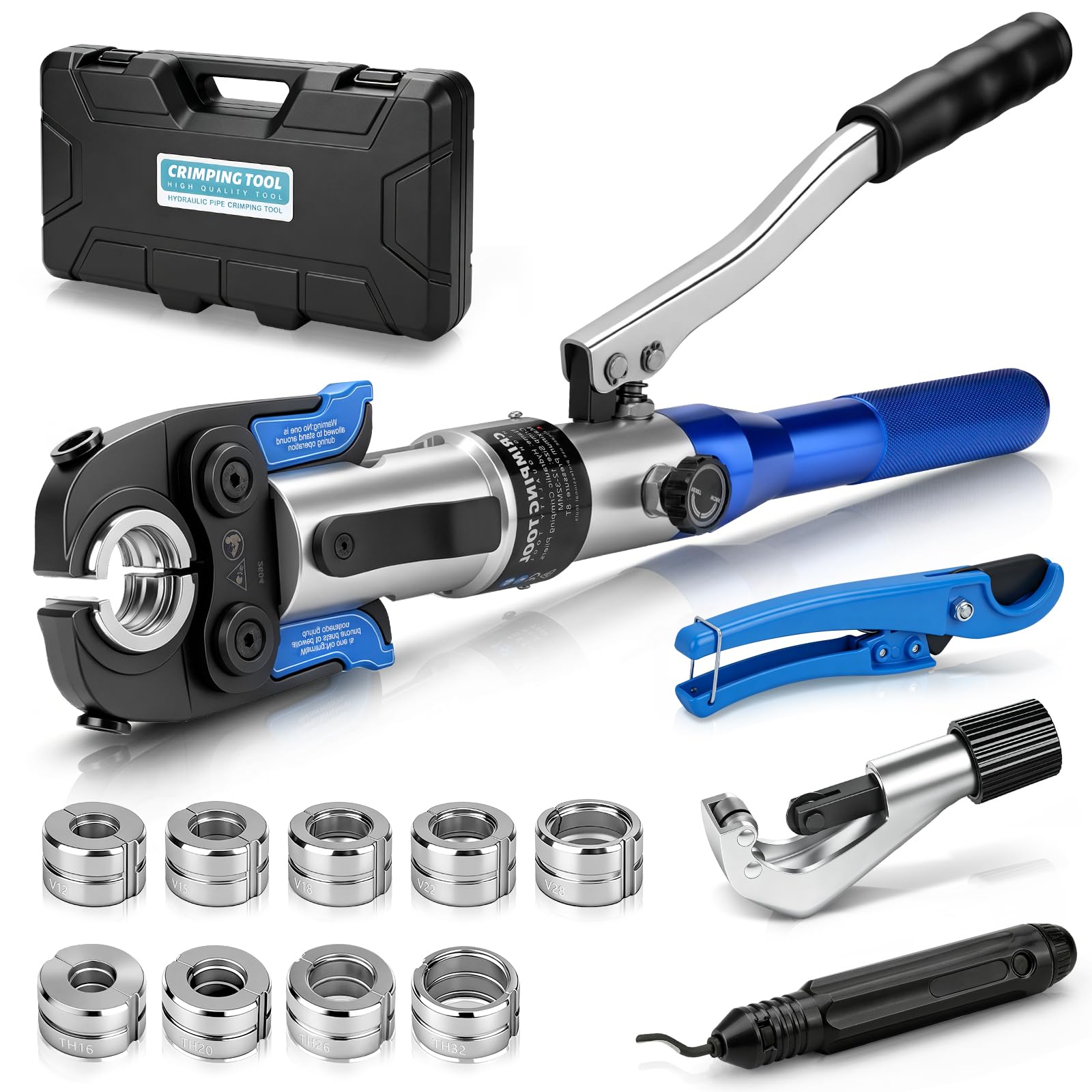 Hydraulisch Presszange Kupferrohr Set mit CR V-Kontur und TH-Kontur | Rohrpresszange inkl. Rohrschneider, Entgrater & Rohrschere für Kupferrohre, Alu-Verbundrohr & Edelstahlrohr