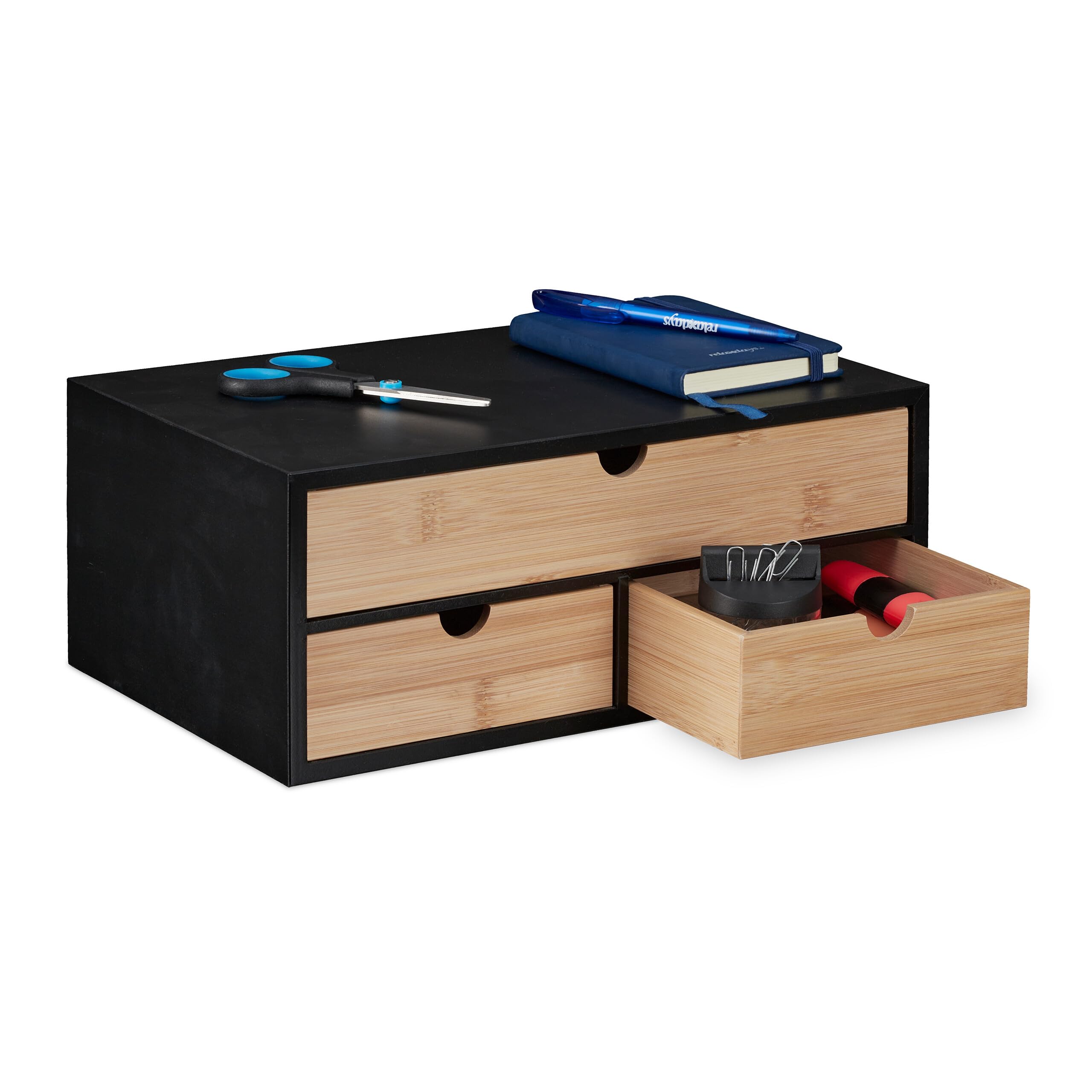 Relaxdays Organizador de Escritorio con 3 Cajones, Bambú Veteado y MDF, para Oficina, 13,​5 x 33 x 21 cm, Natural y Negro