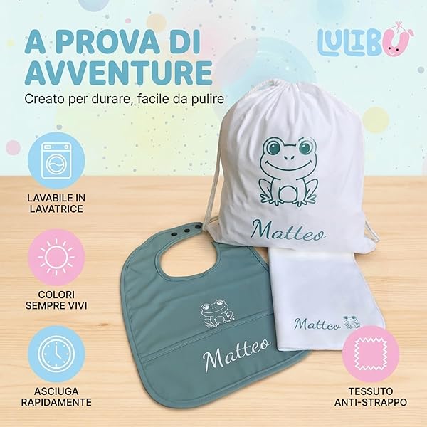 Set Asilo Personalizzato con Nome e Animaletto - Kit Bavaglino Personalizzato, Asciugamano Neonato e Sacca con Nome Bambina o Bambino - Set Asilo Nido Bimbo e Bimba - 3