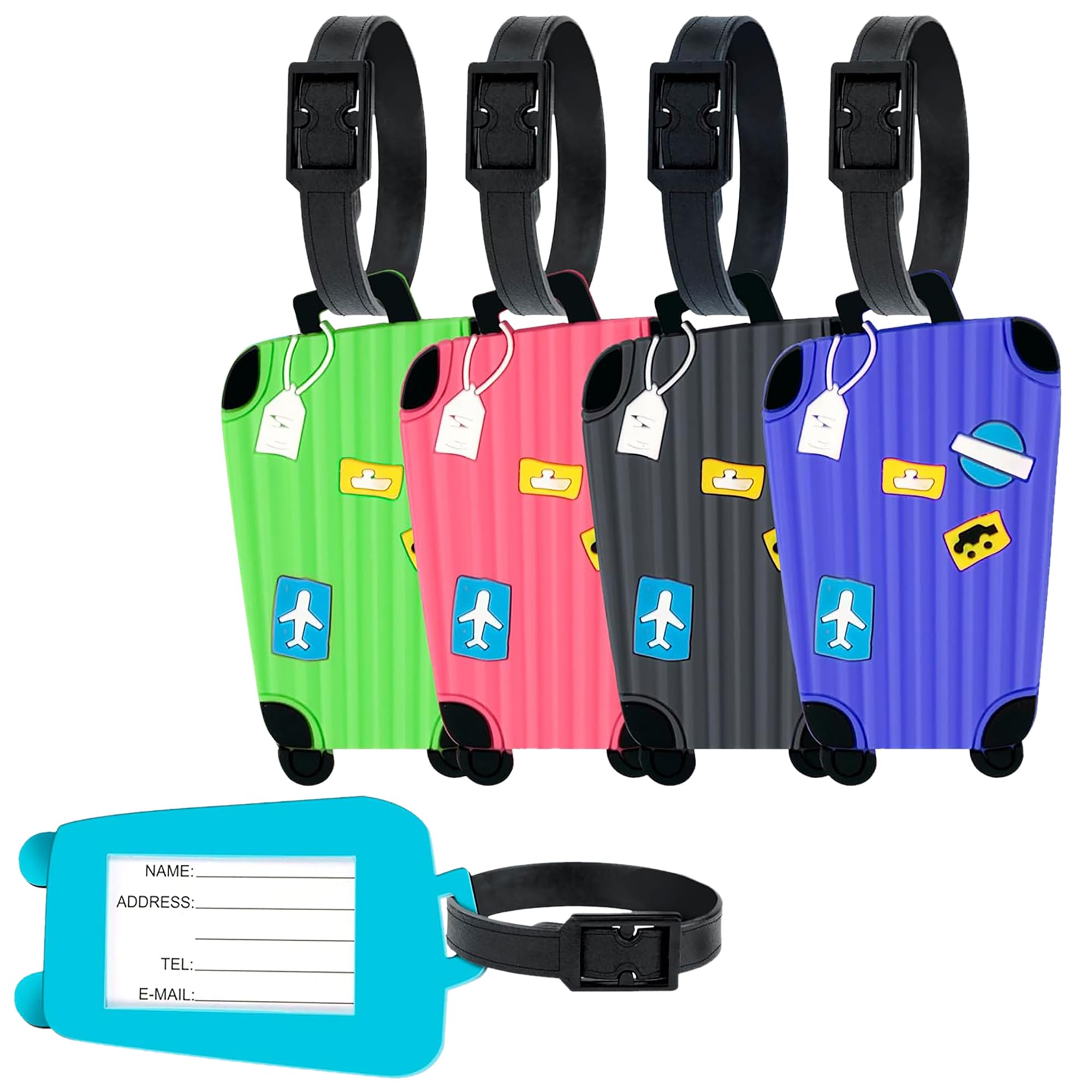 GLUN® Luggage Tags for Suitcases, Flexible Silicone Travel ID Identification Labels Set for Bags & Baggage Pack of 5