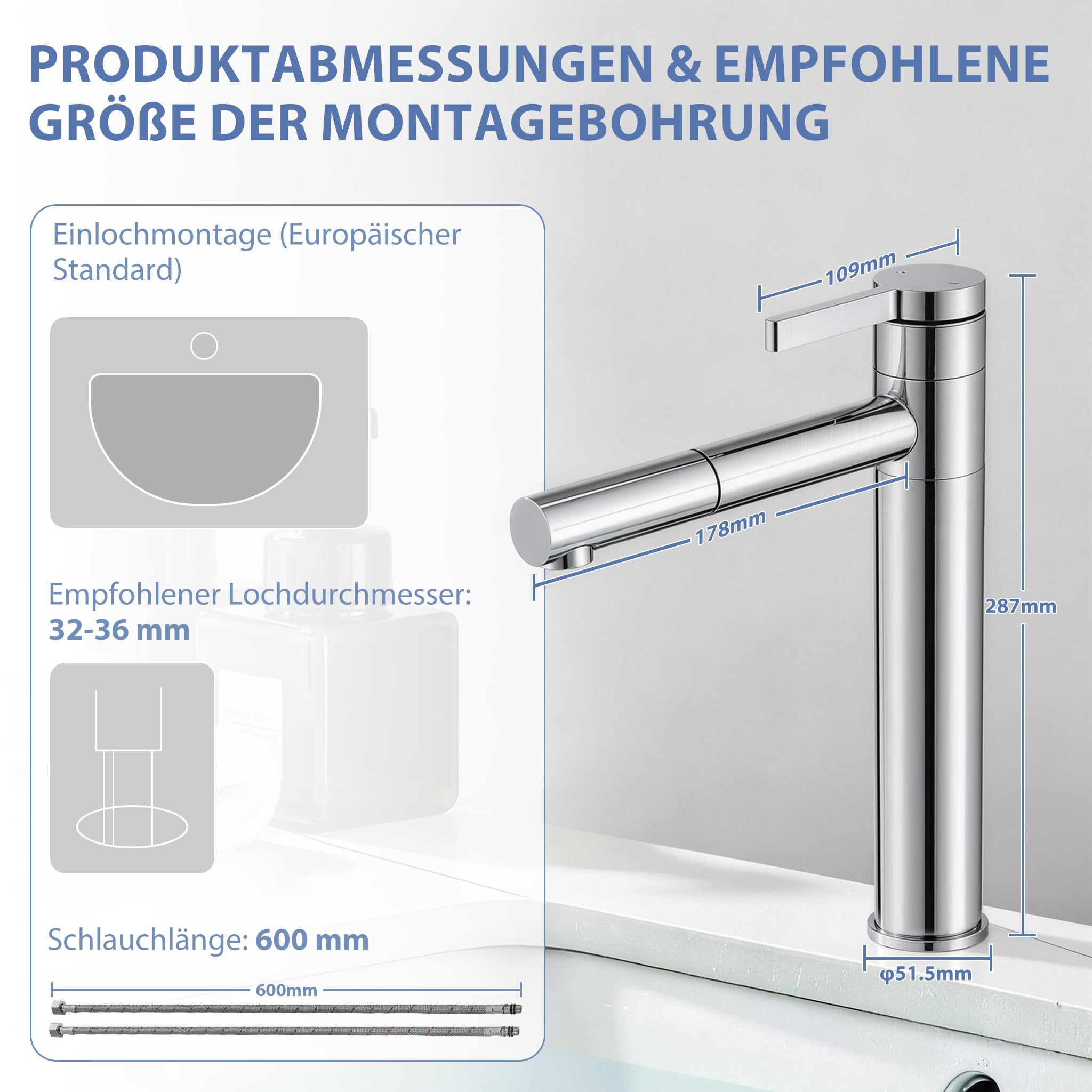 HOMELODY Grifo de lavabo alto cromado, doble caño y cuerpo giratorios 360°, 215 mm de altura de caño de acero inoxidable, grifo monomando para baño, ahorro de agua