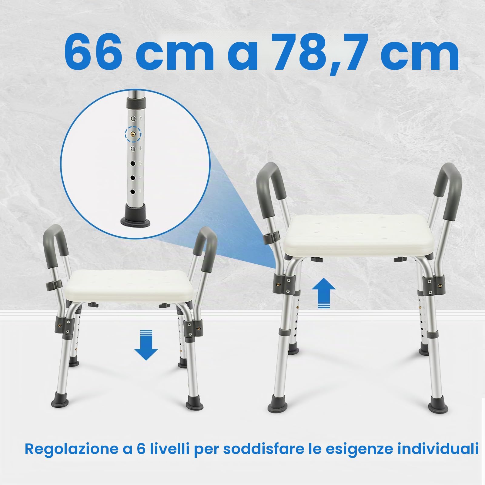 Sedia da doccia senza schienale con braccioli, sedia da doccia regolabile in altezza, per doccia interna, con capacità di 150 kg