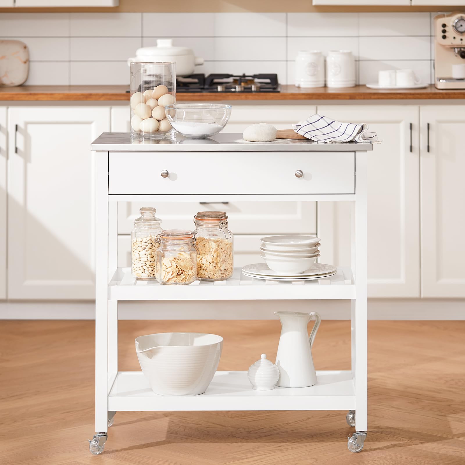SoBuy Carrito de Cocina con Ruedas – Mesa Auxiliar con Encimera de Acero Inoxidable y Estantes Abiertos, Carrito de Servicio para Cocina, Hogar u Exterior, Blanco, 81x90x45cm FKW47-II-W